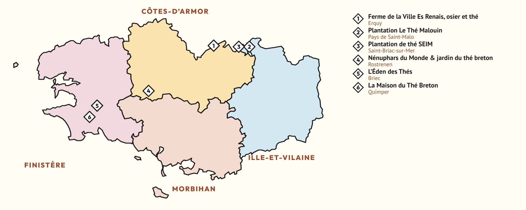 Carte de la route des thés de Bretagne